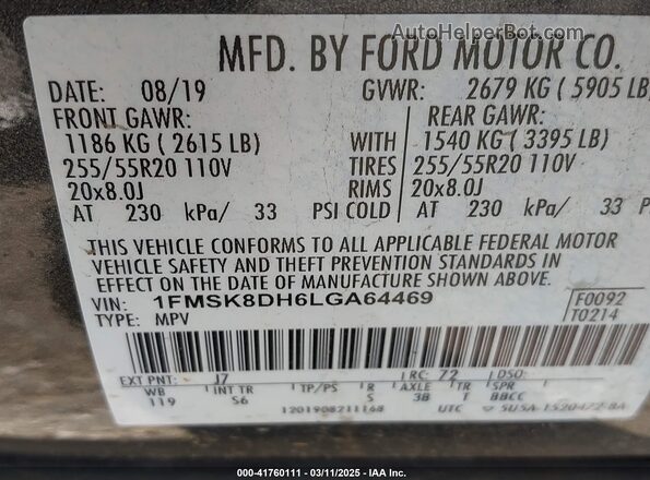 1FMSK8DH6LGA64469 2020 FORD FORD EXPLORER Gray Widok komory silnika