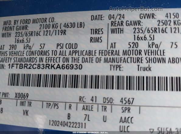 1FTBR2C83RKA66930 2024 FORD TRANSIT-250 Blue 