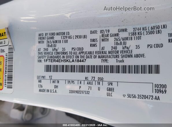 1FTER4EH5KLA18447 2019 FORD RANG Белый Вид подкапотного пространства