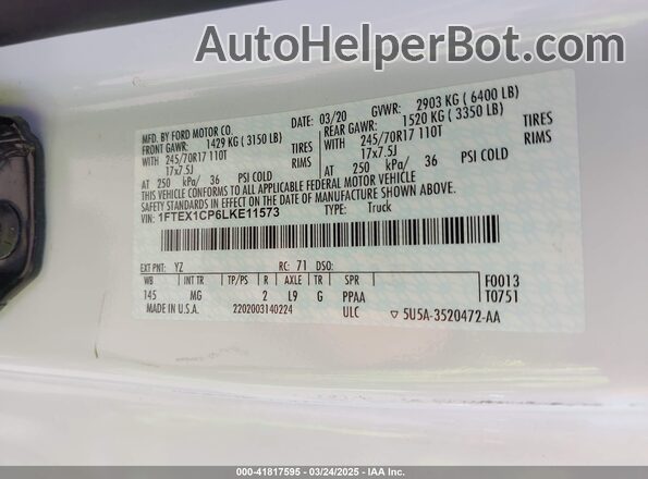 1FTEX1CP6LKE11573 2020 FORD F150 White Շարժիչի բաժամունքի տեսք