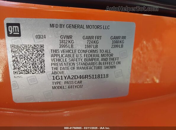 1G1YA2D46R5118118 2024 CHEVROLET CORVETTE Orange Вид підкапотного простору