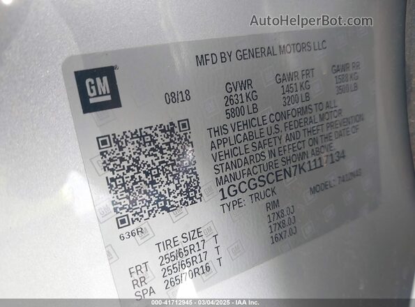 1GCGSCEN7K1117134 2019 CHEVROLET COLORADO Silver Շարժիչի բաժամունքի տեսք