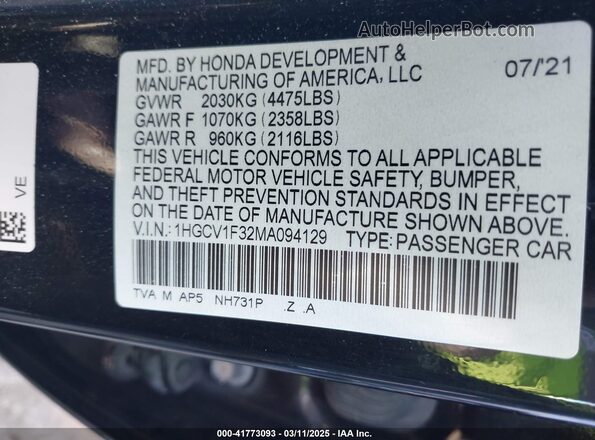1HGCV1F32MA094129 2021 HONDA ACCORD Black Вид підкапотного простору