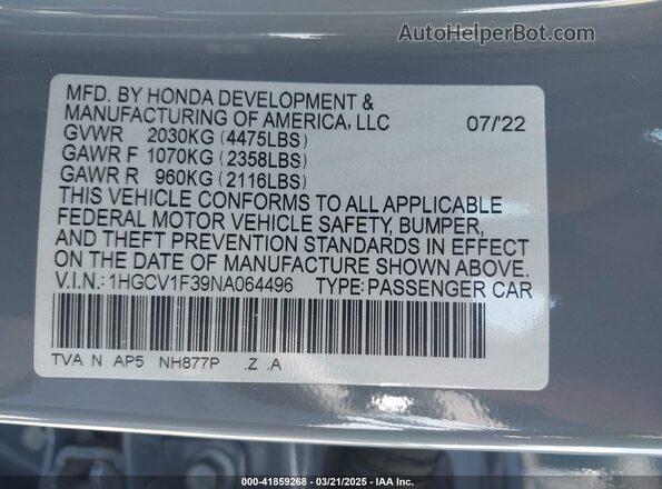 1HGCV1F39NA064496 2022 HONDA ACCORD Blue Շարժիչի բաժամունքի տեսք