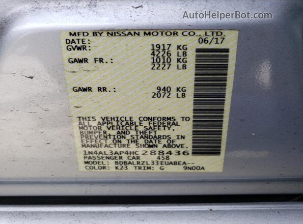 1N4AL3AP4HC288436 2017 NISSAN ALTIMA Silver VIN sticker view