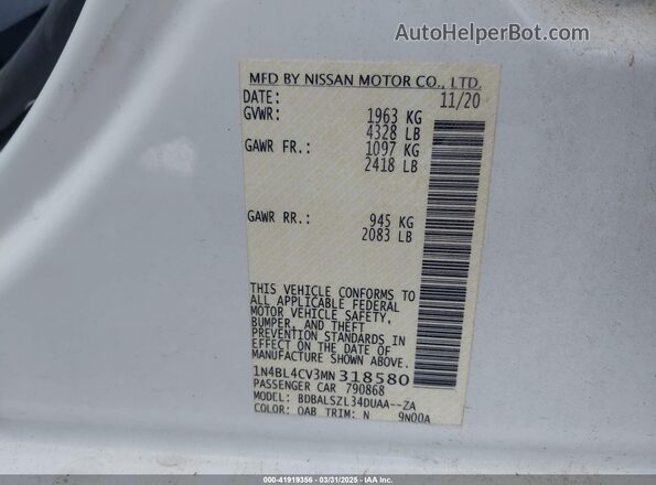 1N4BL4CV3MN318580 2021 NISSAN ALTIMA White Вид підкапотного простору