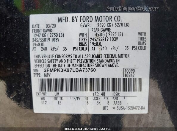 2FMPK3K97LBA73760 2020 FORD EDGE Черный Вид подкапотного пространства