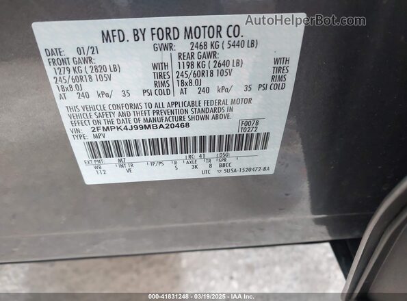 2FMPK4J99MBA20468 2021 FORD EDGE Gray Vista del compartimento del motor
