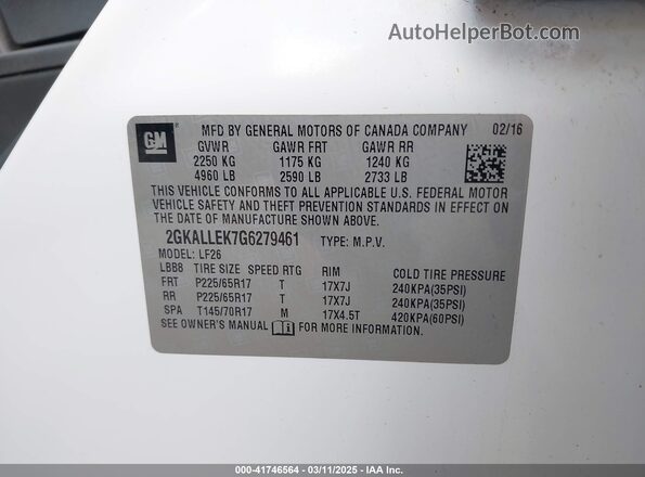 2GKALLEK7G6279461 2016 GMC TERRAIN Белый Вид подкапотного пространства