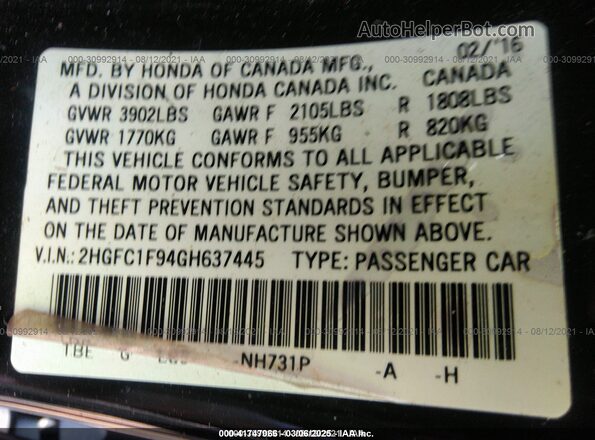 2HGFC1F94GH637445 2016 HONDA CIVIC Black Շարժիչի բաժամունքի տեսք