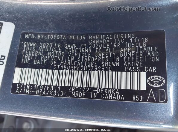 2T1BURHE2HC792610 2017 TOYOTA LL Gray 