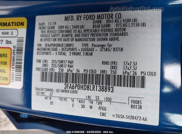 3FA6P0HD8LR138893 2020 FORD FUSION Blue ძრავის განყოფილების ხედი
