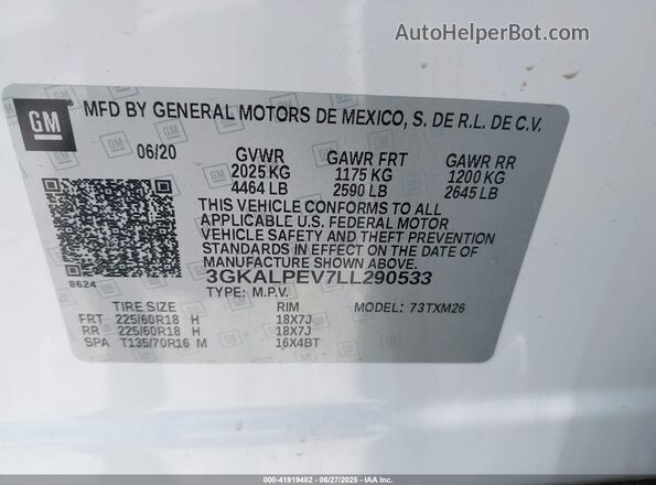 3GKALPEV7LL290533 2020 GMC TERRAIN White ძრავის განყოფილების ხედი