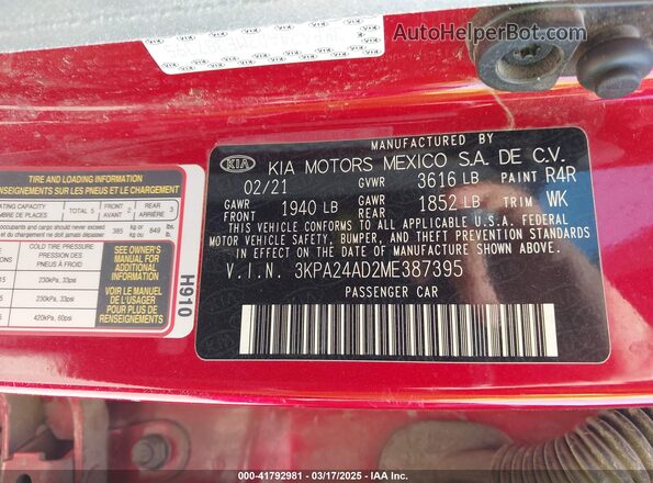 3KPA24AD2ME387395 2021 KIA RIO Red Engine compartment view