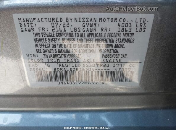 3N1AB8CV7NY288345 2022 NISSAN SENTRA Gray Engine compartment view