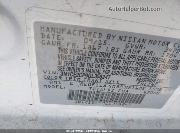 3N1CE2CP9GL358247 2016 NISSAN VERSA NOTE White Widok komory silnika