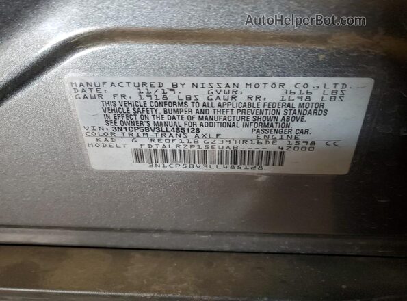 3N1CP5BV3LL485128 2020 NISSAN KICKS Gray Widok wnętrza 360 stopni