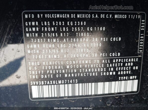 3VV3B7AX6LM071413 2020 VOLKSWAGEN TIGUAN Black Widok komory silnika