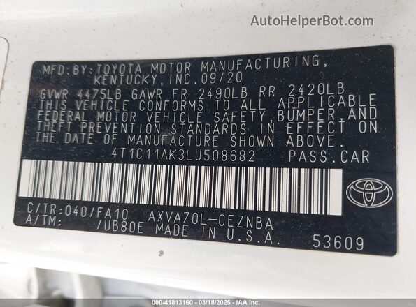 4T1C11AK3LU508682 2020 TOYOTA LE White Շարժիչի բաժամունքի տեսք