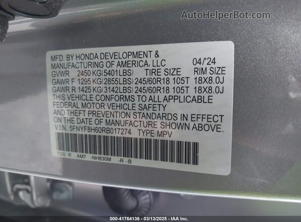 5FNYF8H60RB017274 2024 HONDA PASSPORT Silver Շարժիչի բաժամունքի տեսք