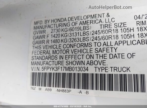 5FPYK3F17MB013034 2021 HONDA RIDGELINE Белый Вид подкапотного пространства