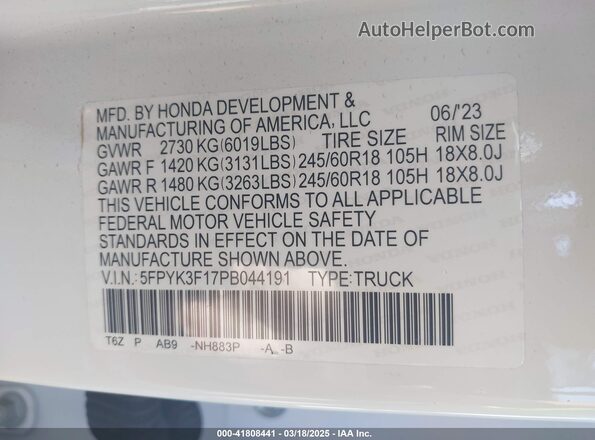 5FPYK3F17PB044191 2023 HONDA RIDGELINE White Вид підкапотного простору