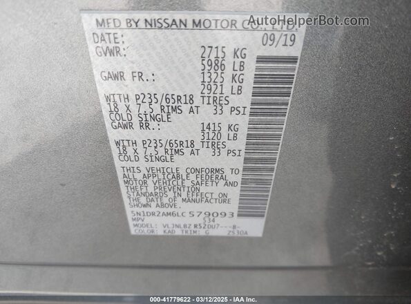 5N1DR2AM6LC579093 2020 NISSAN PATHFINDER Gray ძრავის განყოფილების ხედი