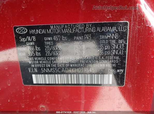 5NMS5CAD4KH039545 2019 HYUNDAI SANTA FE Red Engine compartment view