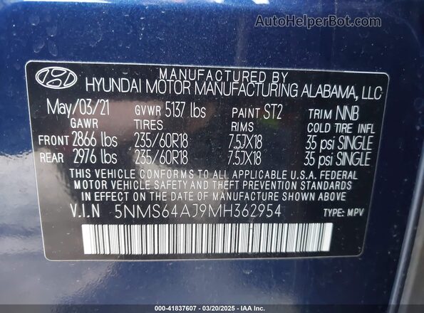 5NMS64AJ9MH362954 2021 HYUNDAI SANTA FE Blue Widok komory silnika
