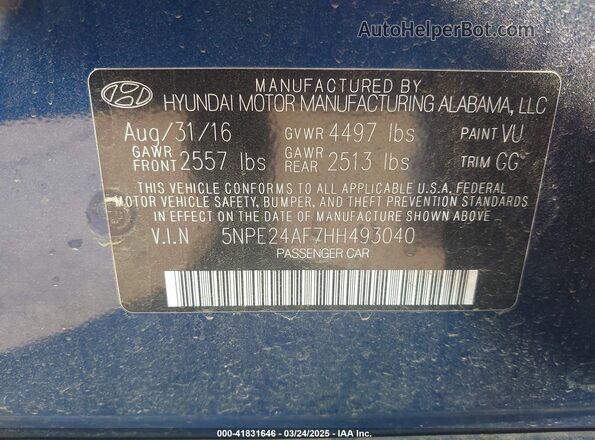 5NPE24AF7HH493040 2017 HYUNDAI SONATA Blue ძრავის განყოფილების ხედი