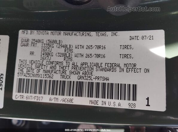 5TFAZ5CNXMX115362 2021 TOYOTA TACOMA Green Engine compartment view