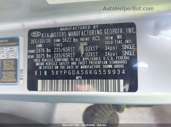 5XYPGDA56KG559934 2019 KIA SORENTO Silver Вид підкапотного простору