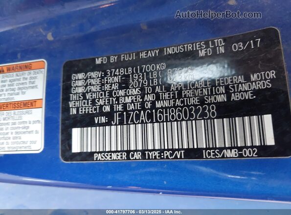 JF1ZCAC16H8603238 2017 SUBARU BRZ Blue Widok komory silnika