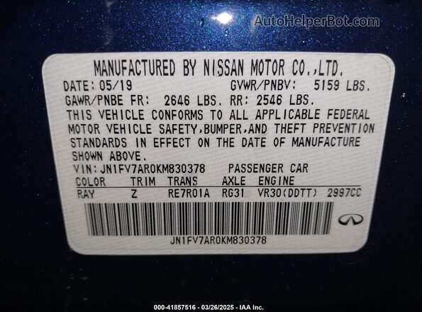 JN1FV7AR0KM830378 2019 INFINITI Q50 Dark Blue 