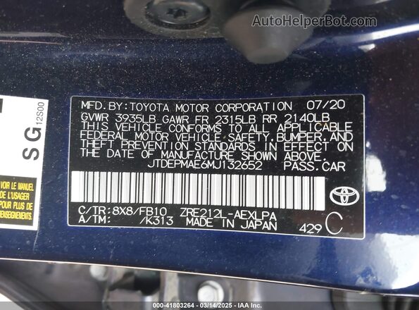 JTDEPMAE6MJ132652 2021 TOYOTA LL Blue Vista del compartimento del motor