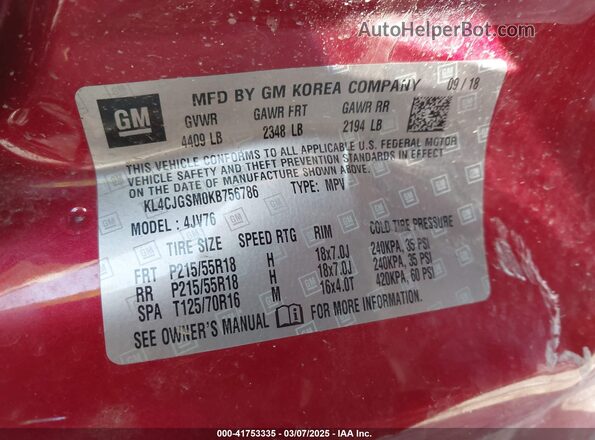 KL4CJGSM0KB756786 2019 BUICK ENCORE Красный Вид подкапотного пространства