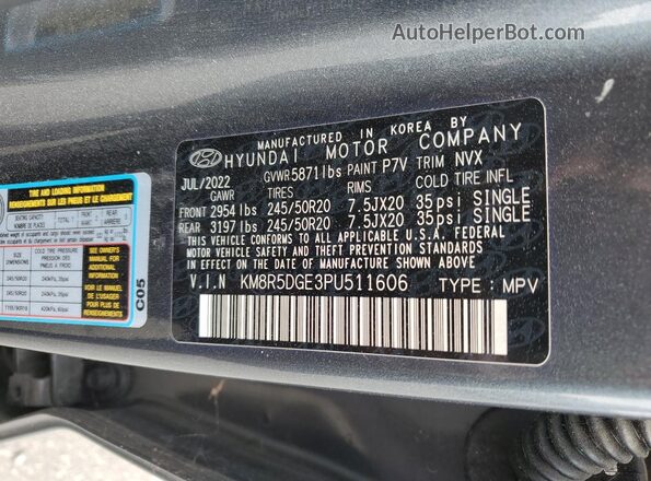 KM8R5DGE3PU511606 2023 HYUNDAI PALISADE Gray VIN კოდის სტიკერის ხედი