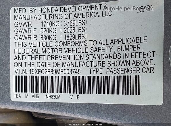 19XFC2F89ME003745 2021 HONDA CIVIC Silver Widok komory silnika