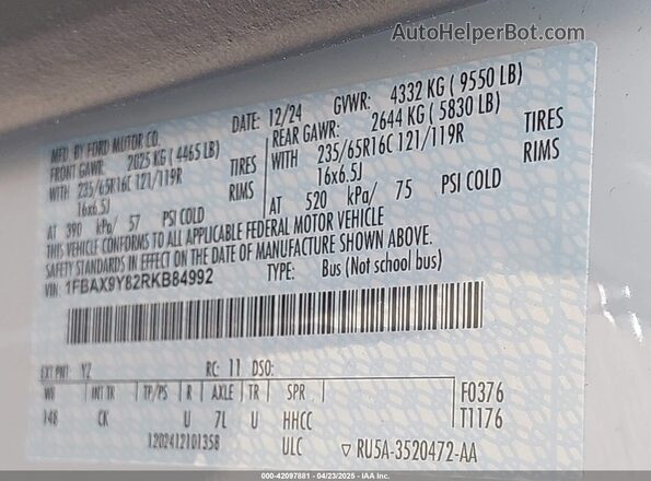 1FBAX9Y82RKB84992 2024 FORD PASSENGER White ძრავის განყოფილების ხედი