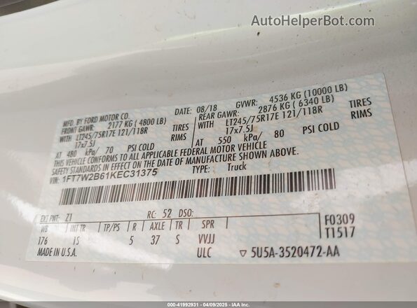 1FT7W2B61KEC31375 2019 FORD F-250 White Вид підкапотного простору