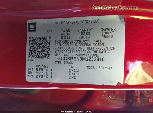 1GCGSBEN8M1232810 2021 CHEVROLET COLORADO Красный Вид подкапотного пространства