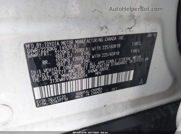 2T3EWRFV7KW033054 2019 TOYOTA RAV4 HYBRID White Вид підкапотного простору