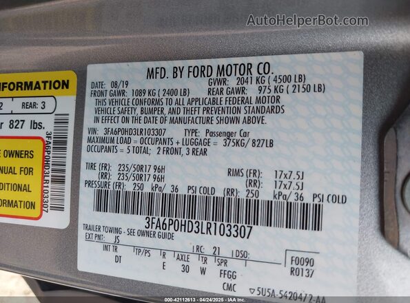 3FA6P0HD3LR103307 2020 FORD FUSION Серебряный Вид подкапотного пространства