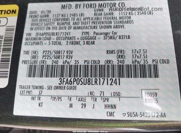 3FA6P0SU8LR171241 2020 FORD FUSION Pewter Вид підкапотного простору