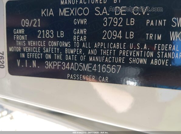 3KPF34AD5ME416567 2021 KIA FORTE White Engine compartment view