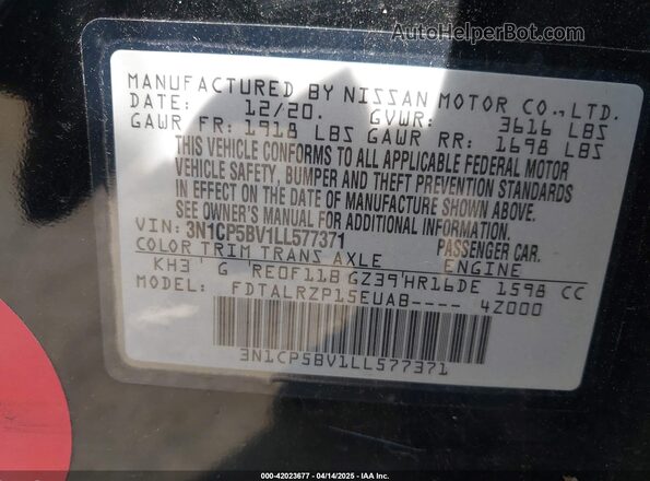 3N1CP5BV1LL577371 2020 NISSAN KICKS Black Widok komory silnika
