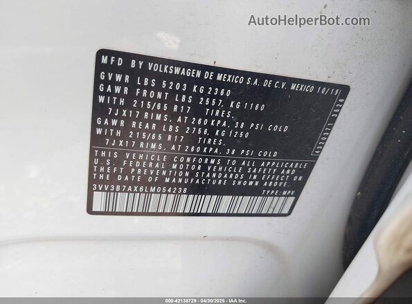 3VV3B7AX6LM054238 2020 VOLKSWAGEN TIGUAN White ძრავის განყოფილების ხედი