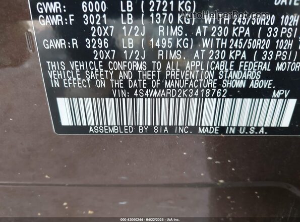 4S4WMARD2K3418762 2019 SUBARU ASCENT Brown Вид підкапотного простору