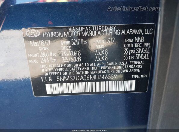 5NMS2DAJ6MH346559 2021 HYUNDAI SANTA FE Dark Blue ძრავის განყოფილების ხედი