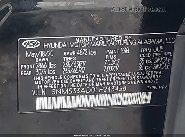 5NMS33AD0LH243458 2020 HYUNDAI SANTA FE Black ძრავის განყოფილების ხედი
